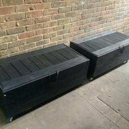 Ottomans made from reclaimed wood sanded and edges rounded off 
With removable lid painted black ideal for indoor or outdoor use 
With lockable wheels £125 each 
Size 
100cm long
  53cm wide
  45cm high 
Extra charge for delivery