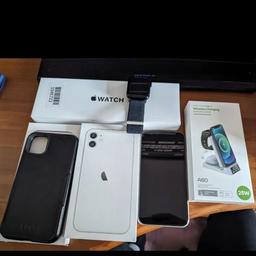 iPhone 11, watch SE, 3 in 1 wireless charger.
All are in excellent condition, iPhone cable has never been used, the phone and watch work perfectly, phone battery health is at 98%. Any questions please ask.