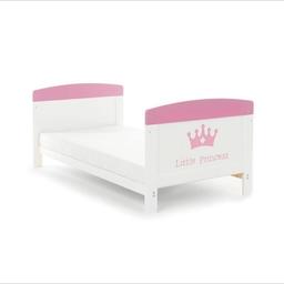 Little princess cot bed for sale - only bed. (If you want the mattress and fitted sheets (2) almost brand new used only 1 month then we can chat about the total cost) 
Very Good condition
Can be converted to a toddler bed (see photo)

Dimensions (unassembled):

Head/foot board: 92.5cm x 77cm
Side railings: 140cm x 65cm
Base: 140cm x 70cm



Unassembled and ready to go

All screws, dowels and nuts are there