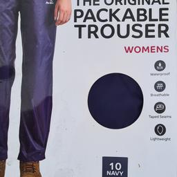 Peter Storm Women’s Packable Waterproof Trousers Navy Blue Over Trousers SIZE 10.  RRP £21+

Pull on Navy Blue Over Trousers.
SIZE 10  inside leg 30"inc.

WATERPROOF - Giving you protection and piece of mind from the unpredictable weather, the 100% nylon 210T Ripstop PU coated main fabric is rugged and offers incredible water protection.

BREATHABLE - Its just as important to let the moisture out so these trousers are designed to be breathable helping to maintain and regulate your temperature whilst on the move.

ADJUSTABLE - These trousers have adjustability throughout. They benefit from an elasticated waistband and a hem adjustment which allows you to alter the fit to suit your needs.

PACKABLE - These trousers come with a stuff sack included for easy storage, making them ideal for walking and backpacking or simply keep in the car for emergencies.

MAIN FABRIC - 100% nyl