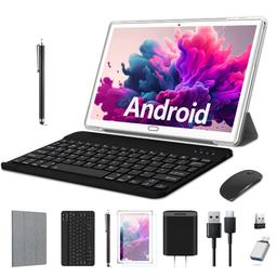 Tablet 10 Zoll, 4G LTE(2 SIM Slot), 4GB RAM + 64GB ROM/TF 512GB, Prozessor Octa-Core Android Tablet PC mit Tastatur + Stift + Maus + Hülle, 13MP+5MP Kamera, Google Zertifizierung, Silber