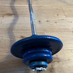 EZCURL BARBELL set, good condition, metal bar with brand new chrome spinlock collars, metal plates, iron, blue colour, , the plates have standard 25mm diameter holes and 25mm diameter barbell, the plates are consisting of;

2 x 7.5 kg’s
2 x 2.5 kg’s collar plates
4 x 2.0 kg’s
2 x 0.5 kg’s

Add the weight of bar and collars and the barbell,  set is just over 30 kilo overall in total. Perfect for home use.

I have other weight training equipment listed, such as benches, plates, dumbbells, straight bars etc,