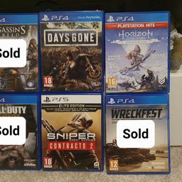 Various PlayStation 4 Console Games

Sniper Elite 3 £10
Sniper Elite 4 £12
Detroit Become Human £10
The Witcher 3 £10
Ace Combat 7 £10
Dayz Gone £10
Horizon Zero Dawn £5
Sniper Ghost Warrior Sniper 2 (PS5) £20
Battlefield 2042 (PS5) £12

All Discs in excellent condition 

Collection from Bexleyheath DA7