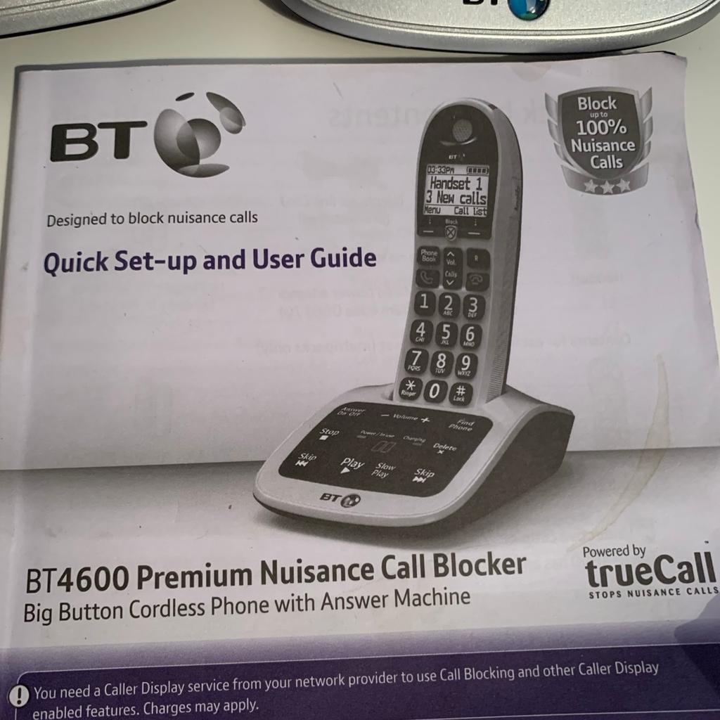 BT 4600 Premium Nuisance Call Blocker
Twin cordless telephones with answer machine
Big buttons
Includes manual
Only the box is missing
Currently for sale new for £72.
Cash on collection only from CV10 - Whittleford area of Nuneaton.