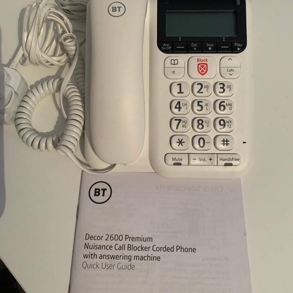 BT Decor 2600 Premium Nuisance Call Blocker
Corded telephone with answer machine
Includes manual
Only the box is missing
Currently for sale new for £35.
Cash on collection only from CV10 - Whittleford area of Nuneaton.