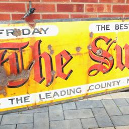 Here we have a large enamel advertising sign for the  'The sussex newspaper'.  In good condition with age related wear and tear as shown in attached pictures. The enamel has a bit missing at the end where the 'ex' from the word sussex is missing.  Ref.  (#1125)

 Height........ approx  24 inch / 61 cm
 Length........  approx  57  inch / 145 cm 

Pick up only, Dy4 area. Cash on collection.