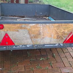 Car trailer bought for building a teardrop caravan, solid body and frame, wood is shot.
L x 73 inch W x 49 inch H x 25 inch. 2 x 15 1/2 inch wheels plus spare.
Length overall 100 inches. Lights working, drive brake and indicators.
Cant get it into my back garden is the reason i'm selling, council blocked rear with fencing.
Payed £150 so will accept offers near, buyer collect.