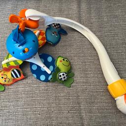 Tiny Love baby mobile

Plays different lullabies

Slowly rotates to show three different hanging animals

Fantastic grip clasp with screw tightening. Does not damage furniture and easy to fix onto any cot / change table

#valentine
