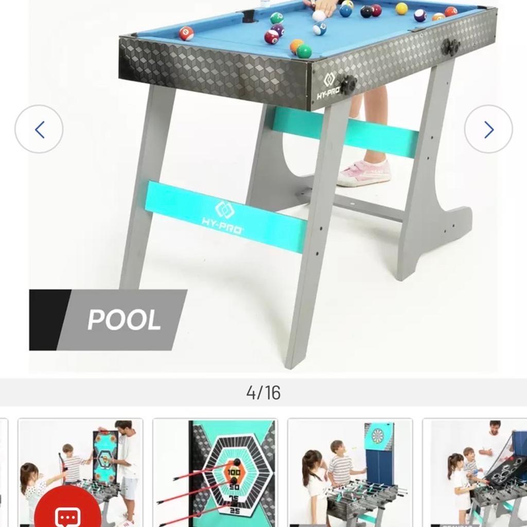 This 8in 1 foldable games table is like new. It has football, pool, darts, air hockey, table tennis, bean bag throwing, basketball and archery. Have mislaid the bow from archery. 42 inches by 24 inches
