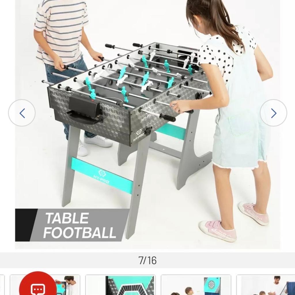 This 8in 1 foldable games table is like new. It has football, pool, darts, air hockey, table tennis, bean bag throwing, basketball and archery. Have mislaid the bow from archery. 42 inches by 24 inches