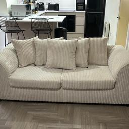 Cream cord 3 seater sofa, like new, no marks, bought end of October. Memory foam seats and scatter cushions. Selling online at B&Q for £379.

Sizing- 1900mm(w), 750mm(h), 8700mm(d)

Collection from reddish