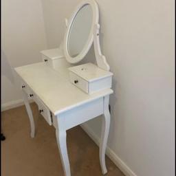 Dressing tables 5 drawers, no chair

Length: 81cm
Width: 41cm
Height:
75 cm (without mirror)
51cm (height of the mirror)
Combined height = 126cm

But the mirror is not fixed to the table so can be wall mounted and give you more space on the dresser