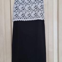Ladies dress from Boohoo. Size 14. Top layer over dress is off white stretch lace. Slight bobbling but can be shaved down. Dress is very stretchy, so comfy to wear. Has been worn but plenty wear left. Been in storage so will need a light rinse. Looks gr8 with heels!