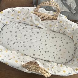 John Lewis Moses basket with stand. Used a few times as baby didn’t like sleeping in it. I have an extra mattress sheet