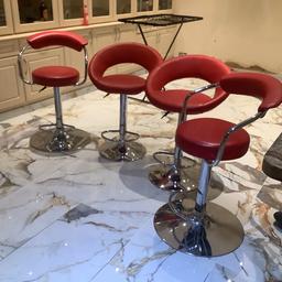 This is a bargain deal 4 chairs in a great red colour and chrome telescopic stand all 4 still just like new I’m doing this quick sale till next week the first to come is the first serve anyone is welcome to see