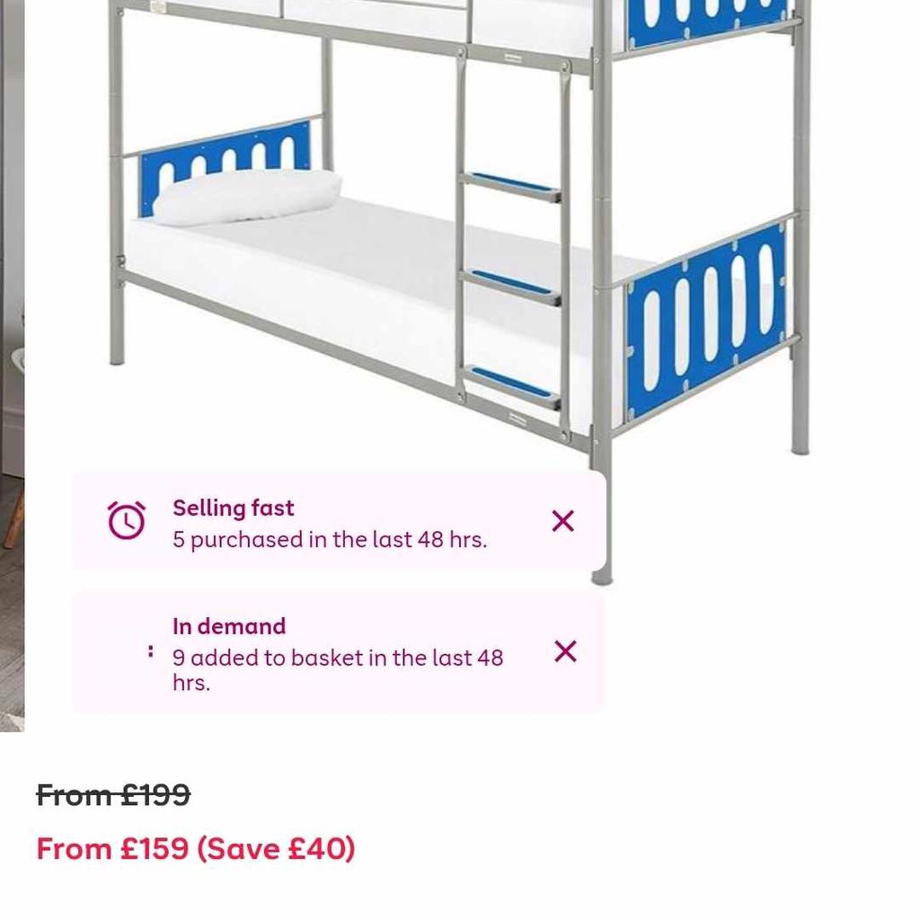 Cyber Metal Bunk Bed (can be split into 2 beds) 
Made with a sturdy, tubular frame, this bunk bed frame from Very Home's cool Cyber collection of kids bedroom furniture features bright plastic end sections that come in a funky blue colour
 
Ideal for adding a splash of sunny colour to their space, the top bunk benefits from guardrails, while a built-in ladder allows easy access. When your children get a little older and feel too grown-up for bunks, they can be easily split into two separate beds.

Dimensions:
Height 153, Width 98.5, Length 197 cm
This is brand new in box and retails for £159.99 I'm selling for £100 why not check out my other items for sale
Also mattresses available at £60 each