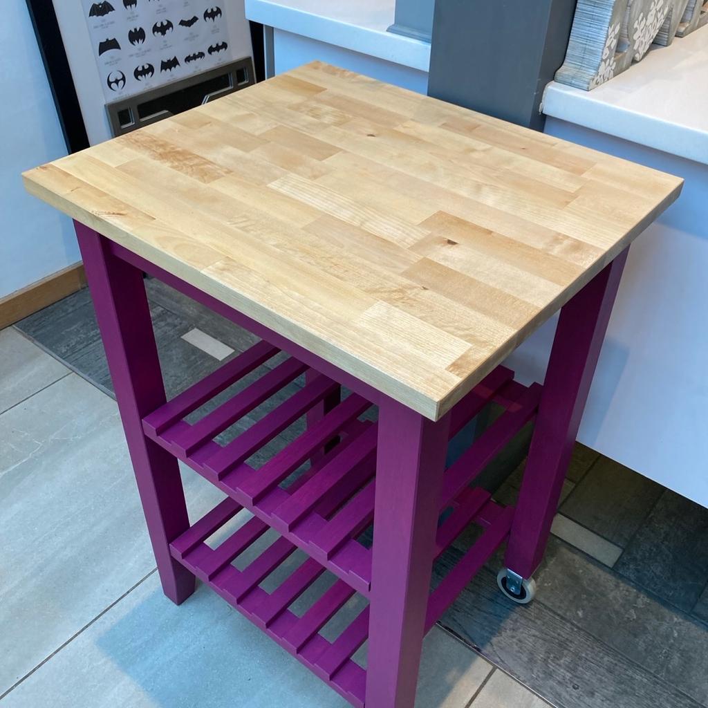 This chunky solid wooden kitchen trolley has been sanded and painted in Plum Pudding by Frenchic. The birch butchers block worktop has been finished with natural Danish Oil. As you can see there are two storage shelves and two castors to aid movement. This would make a lovely statement piece in any kitchen! Height 85cm, width 58cm and depth 50cm approx. Collection from Dunsville, Doncaster. If you’re interested in upcycled items, please check out my other listings.