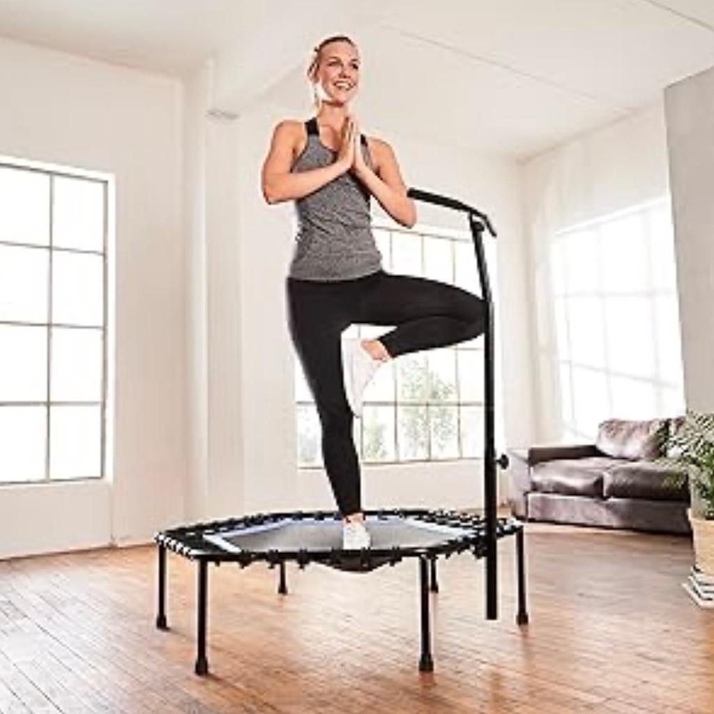 Like new as only used twice.

Intelligent & practical folding function
The new fitness trampoline from SportPlus is completely foldable! All feet and the handle can be folded quickly and easily.

Thanks to the practical folding function, the trampoline can be folded up and stowed under a bed, for example, to save space.

Sturdy handle is height adjustable, detachable & foldable
Foldable & non-slip legs
5-way height-adjustable handle from approx. 82 - 117 cm
Gentle on the joints & quiet training thanks to rubber rope suspension
High-quality & non-slip jumping sheet for highest loads
Trampoline diameter approx. 126 cm from corner to corner
Jumping mat diameter approx. 95cm from corner to corner
User weight up to 130 kg

COLLECTION ONLY