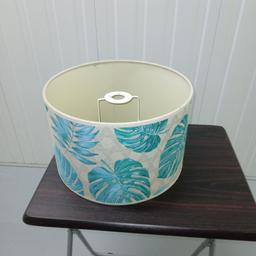 Lovely embossed fabric covered large lampshade, greens/ turquoise colored, great condition, height 8", 12" round,