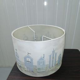 Unusual beach scene fabric coloured lampshade, beach huts detailing, height 8", 12" round, great condition