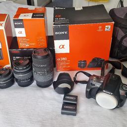 Selling my Sony Alpha 380 digital DSLR camera. Comes with:

• 50mm F1.8 SAM lens
• Sigma DG MACRO 70-300mm lens
• Standard 18-55mm DT lens
• Flash Sony HVL-F42AM 
• charger + 2 batteries
• bag 

Fantastic camera. All in great condition. Has been well looked after. 
Would be perfect for someone getting into photography. 
I have boxes for all of them. 

I'd be looking at £350 for it all but I'm open to offers.

If you have any questions or wish to get more photos, please get in touch.