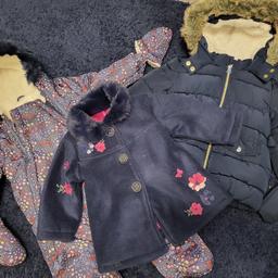 Excellent Condition Baby Girl Coat/Jacket/ Snowsuit, all size 6-9m..

1 x Navy Blue suede with Pink/Purple Flowers embroided with a furry trim around the neck. Button fastening.. Pink silk lining on the inside, beautiful Jacket for any occassion.
1 x Padded coat with fur trim hood, thick Fleecy lining with gold zip fastening.
1 x Blue with beautiful flowers/acorns/lovely pattern all over with 2 zip fastening.

Grab yourself a bargain! Come from smoke free home and collection Billingham Area x
