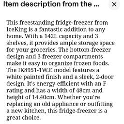 Iceking fridge freezer  ,almost new with guarantee, left .very good clean hardly six months used.upgrade with bigger one.Three shelves for freezer and four for fridge ,48 cm wide and 117 cm capacity, for details see the description in photos