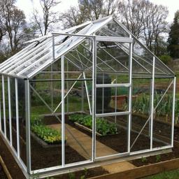 Large 10x8 greenhouse. Glass has been removed and frame currently intact. Recently replaced all bolts and screws. All in excellent condition and working order. Will consider selling frame separately albeit an abundance of horticultural glass to fit out the frame in full. currently securely stored. may require dismantling and collection only. Price below for greenhouse and glass. photo illustration only.