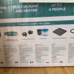 Brand new sealed box! 60% off!!!
The CleverSpa Inyo is a 4-person hot tub in a stunning teal colourway. On trend, simple to set up, featuring 110 air jets to relax your body and mind and 365 FreezeGuard to ensure you can benefit from your CleverSpa Onyx all-year round. The clever design includes our unique built-in pump and heating system so even the smallest of outside spaces can enjoy a CleverSpa Features & Benefits: 110 relaxing air jets, Built-in pump & heating system, Room for up to 4 people, All-year-round use, Inflates in less than 5 minutes. What's in the box? Inflatable hot tub, Insulated top cover with double locking safety clips, Safety locking clip keys (x2), Filtration kit (filter & sock), Inflation hose, Repair patch. With 110 relaxing airjets for an invigorating water massage, a space saving built-in pump & heating system and 365FreezeGuard Technology to allow All-Year-Round use, a CleverSpa hot tub is the must-have item for your outdoor space! Parceforce delivery arrang