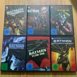 Verkaufe 6 Batman Filme auf DVD:

- Batman vs. Robin
- Batman Red Blood
- Batman The Killing Joke
- Batman Year One
- Batman The Dark Knight Returns Teil 1
- Batman Gotham Knight

Alle nur einmal angesehen.