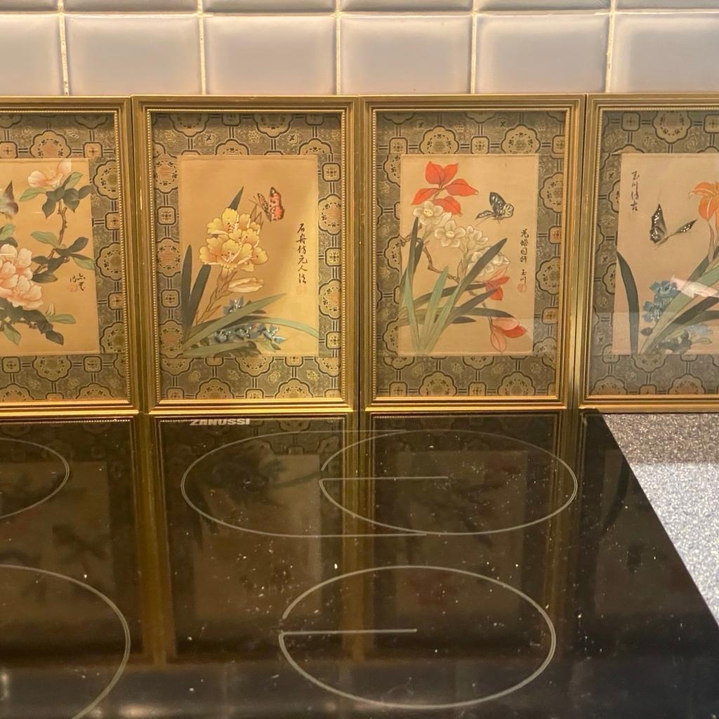 Set of 4 framed oriental watercolours on silk 24cm X 17cm.
This is a lovely set of 4 watercolours on silk, beautiful detail and colours , framed in a gilt frame
Please see photos for description
Viewing welcome