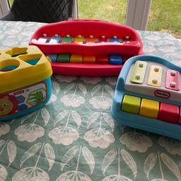 Two toddler/baby pianos and Fisherprice sorting blocks. All in great condition. Sorting blocks missing one block as can be seen on photo. Doesn’t impact on use of the toy and in great condition otherwise.

From a smoke and pet free home.