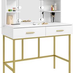 Mirrored Dressing Vanity Table with Shelves and 2 Drawers, Modern Makeup Table in MDF and Metal, White and Gold