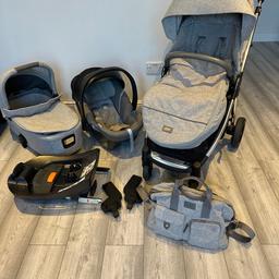Mamas and papas limited edition skyline grey travel system.
9 pieces.
1x pushchair chassis. Forward and rear facing. 3 levels. Upright, leaned back& laid flat. Removable sun shield. Very good condition. The chassis has some wear on the handle and the underneath basket has a repaired hole. Please ask for more images.
1x removable footmuff. Washable but great condition
1x carry cot. Very good condition. Hardly used.
1x car seat. Good condition. Has sun shield hood. Headrest can be lowered for small or premature babies to fit comfortably.
1x pair of car seat adaptors. Attach the car seat to the pushchair.
1x isofix base. Great condition.
1x baby changing bag. Includes insulated bottle holder and small carry bag. Great condition, very small mark on the inside right of the bag.
1x cup holder to attach to the pushchair.
1x raincover. Ok condition. Slight hole in the cover where it has been folded up but left cold in the car. Does not affect its purpose.

Ask for more images. Open to offers.