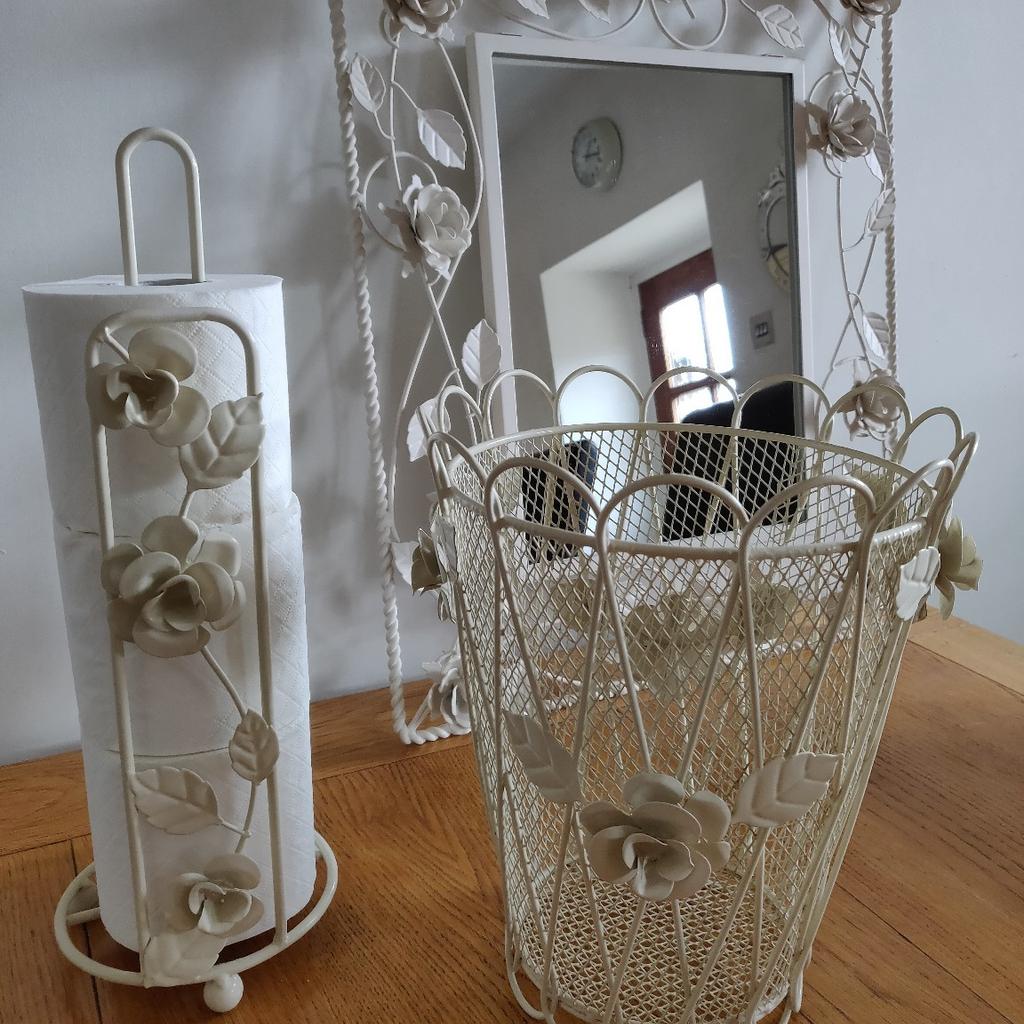 Cream matching decorative ornate bathroom mirror & accessories. Mirror H61cms W51 cms, waste basket H31cms, T.roll holder H42cms collection Batley