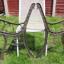 Here we a have a  pair of  garden cast iron bench ends. In excellent condition, in need of a good clean and painting. Nuts and bolts are very rusty. Ref.  (#843)

  Height........ approx  29 inch / 74 cm
  Width........  approx  20.5 inch / 52 cm 

Pick up only, Dy4 area. Cash on collection.