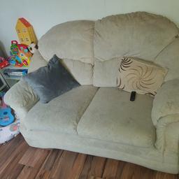 2 seater and 2 chairs. covers come off to wash. they do need a wash as we have a toddler. pick up only sorry. cream colour