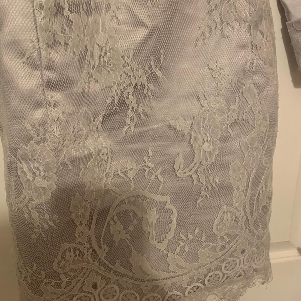 Beautiful mother of the bride dress and bolero jacket size 14 silver satin and lace diamantés on front built in bodice beautiful outfit can fit bigger as got tie back