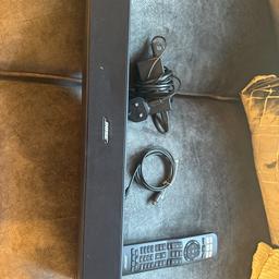 Bose sound bar, has power lead and also digital audio cable and remote, works fine and has brilliant sound. 
Has slight dent on the front hence the price, please see picture
