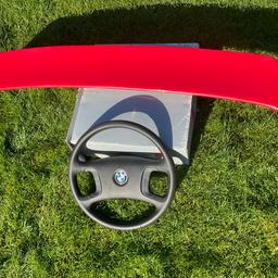 Original BMW glass fibre rear boot spoiler in good condition.  Fixes with 4 screws underneath boot (see photos) £50.
Genuine BMW steering wheel, unused £50.
Collection only North Lincolnshire.