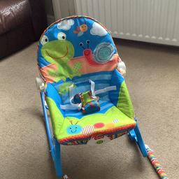 Rocking/vibrate chair
Musical toys on removable bar
Adjustable back rest to sit up or lay back
Only taken out of box and used once 
Suitable from Birth to 18kg 
Collection only E9 near well street 
£25 no offers please