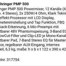 Ich verkaufe eine Behringer Powermixer PMP 500 mit einem koffer .
Gekauft 24.06.2020
Drei jahre alt ,ein Paar mal benutzt.Wie neu.
400€ VB
