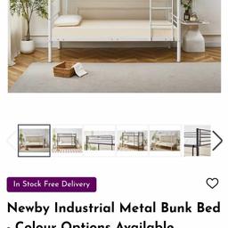 Newby Industrial Metal Bunk Bed in white

Newby bed frame is a stylish industrial-inspired white metal bunk bed with metal slats. Crafted with utmost durability and designed to make a bold statement, this bed effortlessly combines form and function.
The sleek white metal frame exudes modernity while the metal slats ensure superior mattress support and longevity. Its robust construction guarantees stability and safety,
this is brand-new in box it retails at £179.99
my price £120