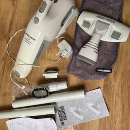 CASH & COLLECTION ONLY
CRAYFORD KENT
Black and decker handheld hoover with attachments in a bag and instructions. Can use in short version to hoover crumbs off table etc or make it longer to hoover floor (small areas, battery won’t last too long). Used condition. Comes with charger.