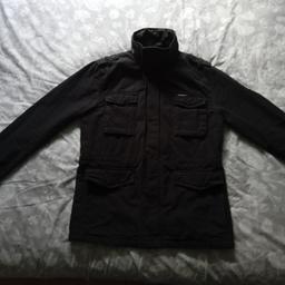 Superdry Military style coat, Black, size large, Heavy cotton, Fur lined, Union Jack on left arm, many pockets, worn only twice, smoke and pet free home, Excellent condition COLLECTION ONLY NO DELIVERY