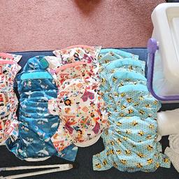 Eco Friendly washable nappies. They are in good condition.

11 Eco friendly washable nappies,
1 nappy bucket,
2 netted wash bags,
near competw role of nappy liners,
tongs.