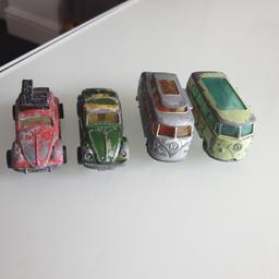4 Vintage VW toys cars in played with condition 2 Corgi Beatles WHIZZ WHEELS and 2 Matchbox Campervans with missing side doors.