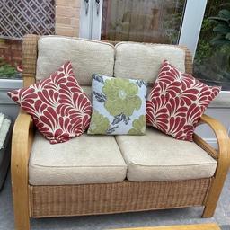 2 seater sofa and 2 armchairs. 
Woven rattan and smooth curved arms, deep cushions and a high back. 
Sofa - w130 x d96 x h105 cm
Chairs - w73 x d96 x h105 cm
Scatter cushions not included.