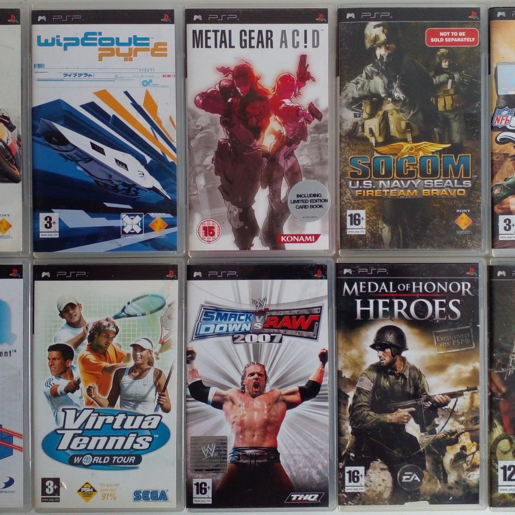 A collection of Ten games for the PlayStation Portable game's console with a 64MB Memory Card .... including

Metal Gear Acid
SOCOM
March To Glory ... 300
Medal Of Honor Heroes
Metal Gear Acid
NFL Street 2 Unleashed
Practical Intelligence
WipEout Pure
Virtual Tennis
WWE Raw Vs SmackDown 2007

These are used items

Cash on collection/local delivery from Leyton E10 only