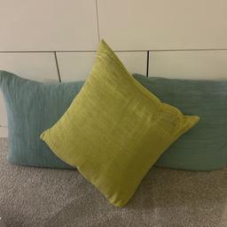 3 John Lewis cushions
2 x Blue
1 x Lime Green

Approx 40cm square